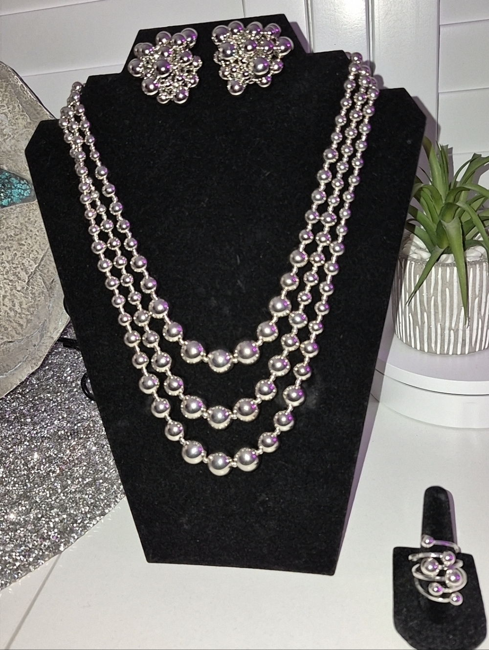 Silver-Tone Triple Strand Beaded Necklace & Earring Set - Silver